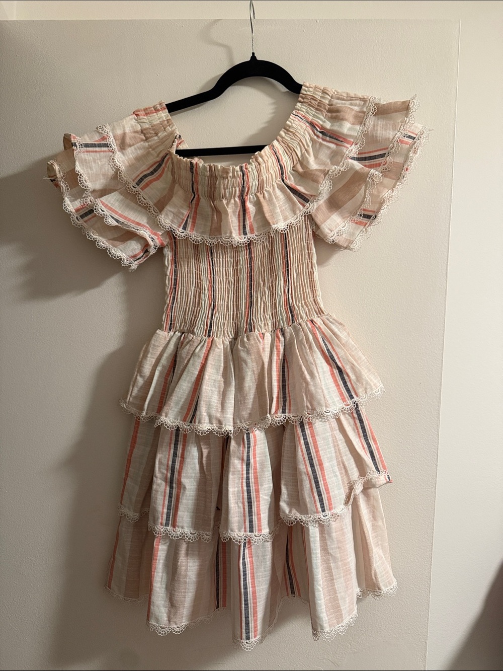 Misa Los Angeles Blush Pink Striped Ruffle Tiered Mini Dress